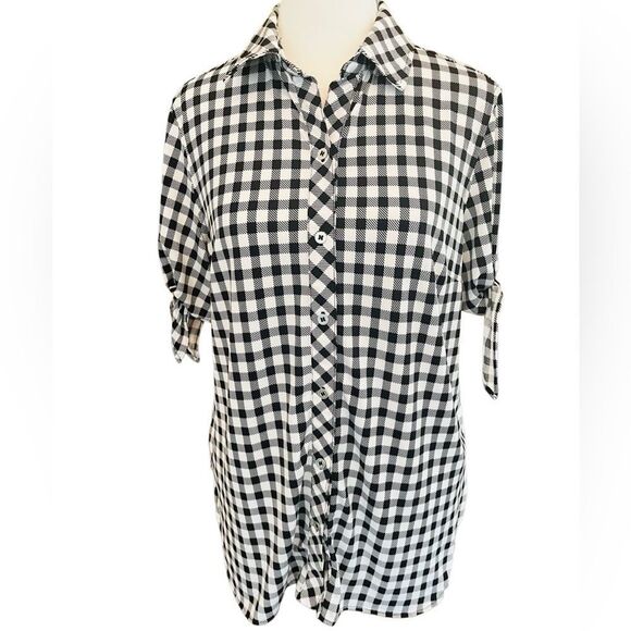 NYGARD Black & White Check Button front split tie sleeve Top size small. - Picture 1 of 10